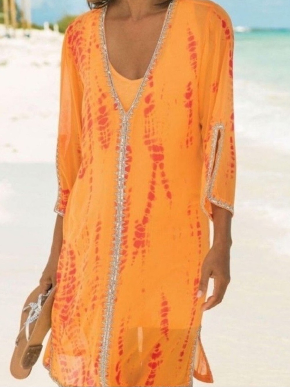 Soft Surroundings Orange Tie-Dye Sheer Cover-Up with Silver Trim